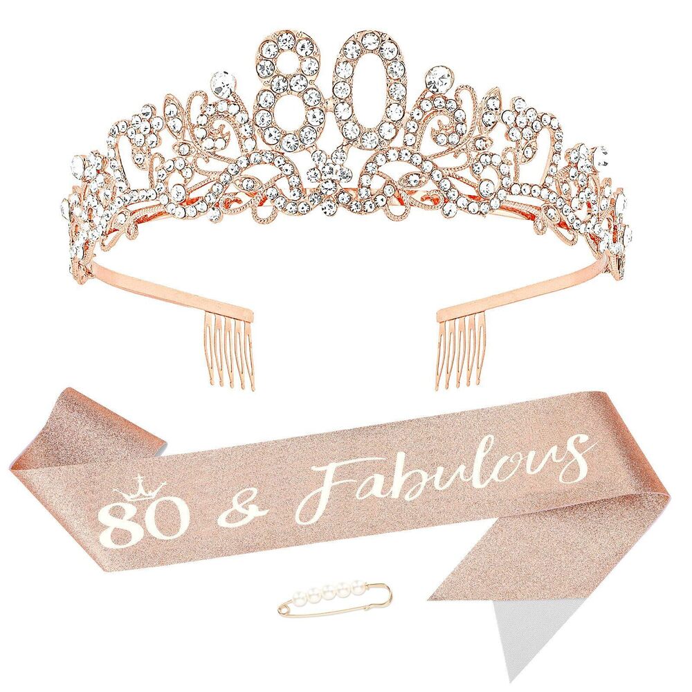 8149 80th Birthday Crown and Sash Rose Gold 80th Birthday Decorations